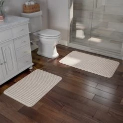 2-piece Bathroom Rug Set, Memory Foam Mats, Jacquard Fleece Non-Slip Absorbent Runner, Ivory