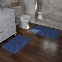 2-piece Bathroom Rug Set, Memory Foam Mats, Jacquard Fleece Non-Slip Runner, Navy Blue
