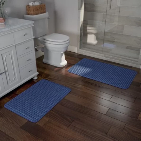 2-piece Bathroom Rug Set, Memory Foam Mats, Jacquard Fleece Non-Slip Runner, Navy Blue