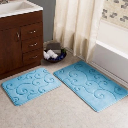 2 pc Memory Foam Bath Mat Set by Hastings Home -Coral Fleece Embossed Pattern - Blue