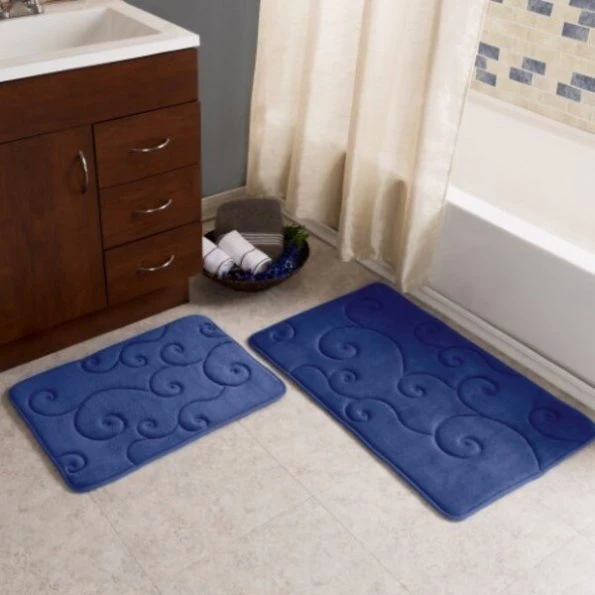 2 pc Memory Foam Bath Mat Set by Hastings Home -Coral Fleece Embossed Pattern – Navy
