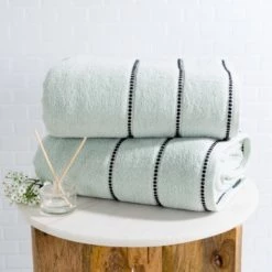 Hastings Home 2-piece Luxury Cotton Towel Set, Bath Sheet Made from 100% Zero Twist Cotton, (Seafoam/Black)