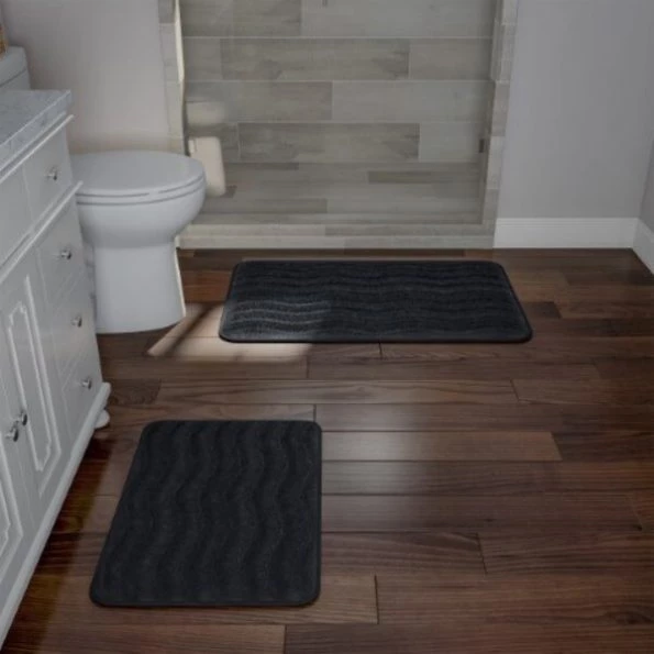 2-piece Bathroom Rug Set, Memory Foam Mats, Wavy Microfiber Non-Slip Absorbent Runner, Black