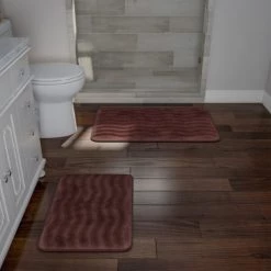 2-piece Bathroom Rug Set, Memory Foam Mats, Wavy Microfiber Non-Slip Absorbent Runner, Brown