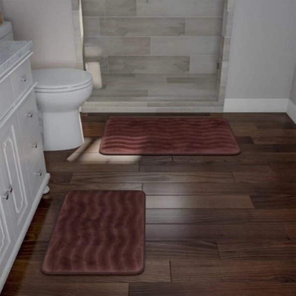 2-piece Bathroom Rug Set, Memory Foam Mats, Wavy Microfiber Non-Slip Absorbent Runner, Brown