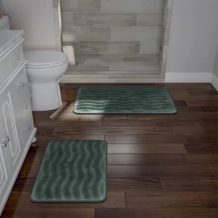 Hastings Home 2-piece Bathroom Rug Set, Memory Foam Mats, Wavy Microfiber Non-Slip Absorbent Runner, Green