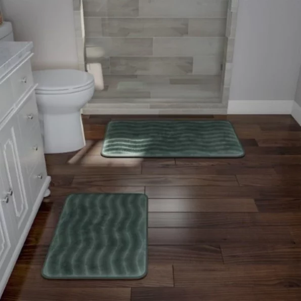 2-piece Bathroom Rug Set, Memory Foam Mats, Wavy Microfiber Non-Slip Absorbent Runner, Green