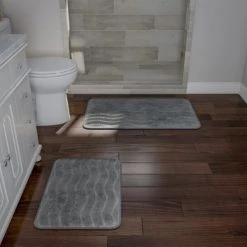 2-piece Bathroom Rug Set, Memory Foam Mats, Wavy Microfiber Non-Slip Absorbent Runner, Gray