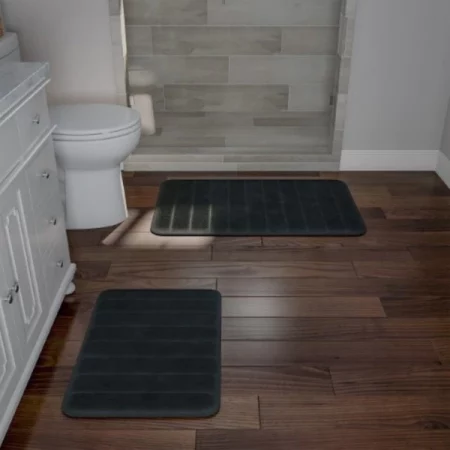 Hastings Home Set of 2 Bathroom Rug Set Memory Foam Mats Striped Microfiber, Non-Slip Absorbent Runner (Black)