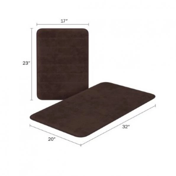 Set of 2 Bathroom Rug Set Memory Foam Mats Striped Microfiber, Non-Slip Absorbent Runner (Brown)