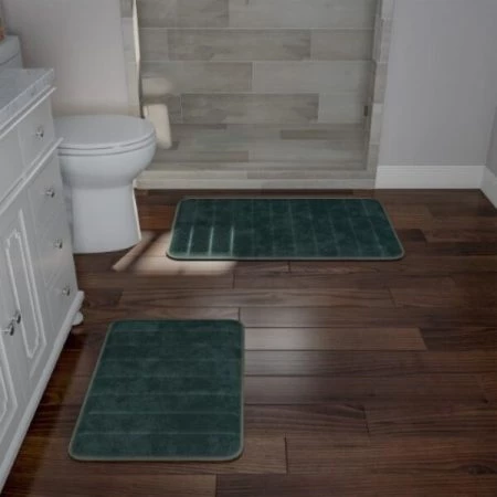 Hastings Home Set of 2 Bathroom Rug Set Memory Foam Mats Striped Microfiber, Non-Slip Absorbent Runner (Green)