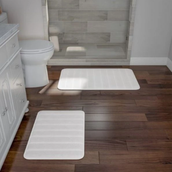 Set of 2 Bathroom Rug Set Memory Foam Mats Striped Microfiber, Non-Slip Absorbent Runner (White)
