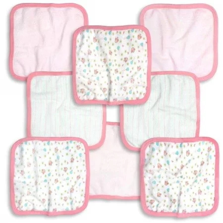 Rockabye Baby 762G-8 8 Piece Pink & White Girls Washcloth Set; Birdies & Stripe Print - 9 x 9 in.