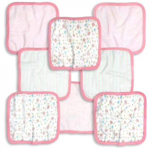 762G-8 8 Piece Pink & White Girls Washcloth Set; Birdies & Stripe Print – 9 x 9 in.