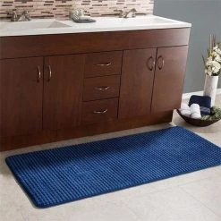 Lavish Home 67-0033-N 24 x 59 in. Woven Jacquard Fleece Memory Foam Extra Long Bath Mat; Navy