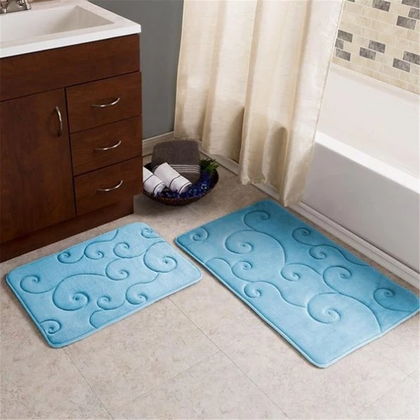 Lavish Home 67-0034-B Coral Fleece Embossed Pattern Memory Foam Bath Mat; Blue – 2 Piece