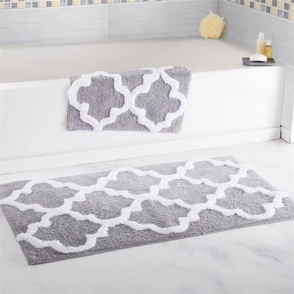 Lavish Home 67-0027-S 100 Percent Cotton Trellis Bathroom Mat Set; Silver – 2 Piece