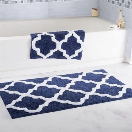 Lavish Home 67-0027-N 100 Percent Cotton Trellis Bathroom Mat Set; Navy - 2 Piece