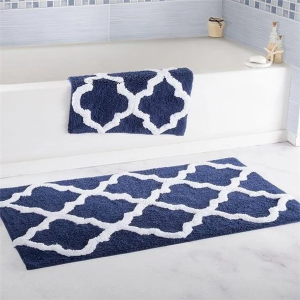 Lavish Home 67-0027-N 100 Percent Cotton Trellis Bathroom Mat Set; Navy – 2 Piece