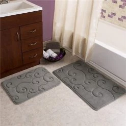 Bedford Home 67A-36789 2 Piece Memory Foam Bath Mat Set by Coral Fleece Embossed Pattern – Platinum