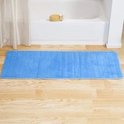 Bedford Home 67A-77293 Memory Foam Striped Extra Long Bath Mat; 24 by 60 in. – Blue
