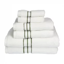 Superior 900GSM-H 6PC SET FG 900 Gsm Egyptian Cotton Towel Set – White With Forest Green Border; 6 Pieces