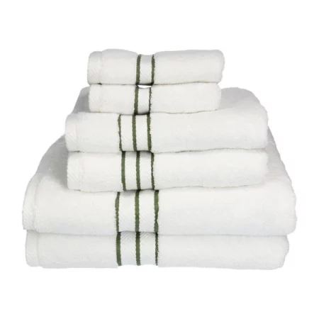 Superior 900GSM-H 6PC SET FG 900 Gsm Egyptian Cotton Towel Set - White With Forest Green Border; 6 Pieces