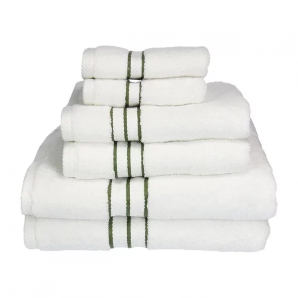 Superior 900GSM-H 6PC SET FG 900 Gsm Egyptian Cotton Towel Set – White With Forest Green Border; 6 Pieces