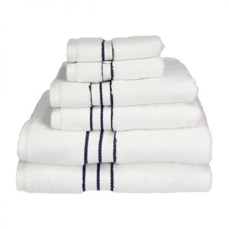 Superior 900GSM-H 6PC SET NB 900 Gsm Egyptian Cotton Towel Set - White With Navy Blue Border; 6 Pieces