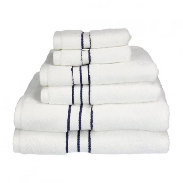 Superior 900GSM-H 6PC SET NB 900 Gsm Egyptian Cotton Towel Set – White With Navy Blue Border; 6 Pieces
