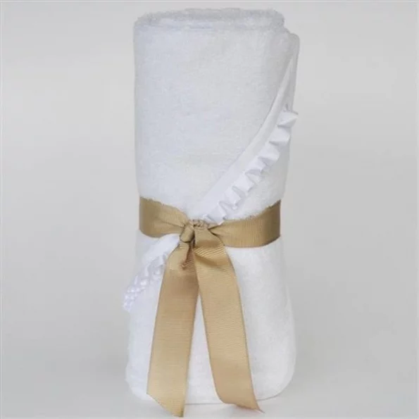 Little Ashkim BHTNBW Newborn Hooded Bamboo Turkish Towel – White With White Ribbon